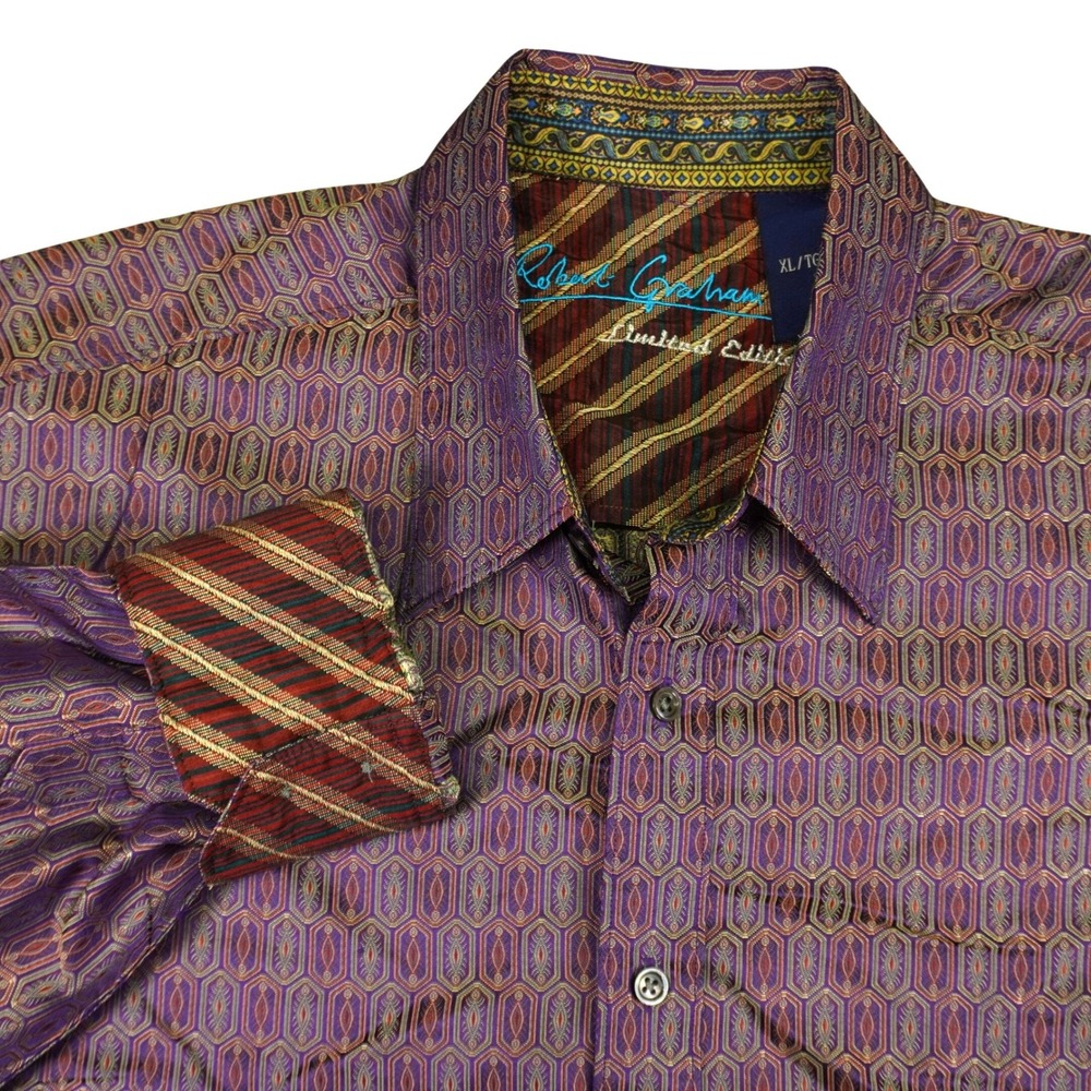 Robert Graham Limited Edition Shirt‎ Mens XL Iridescent Purple Silk Geometric